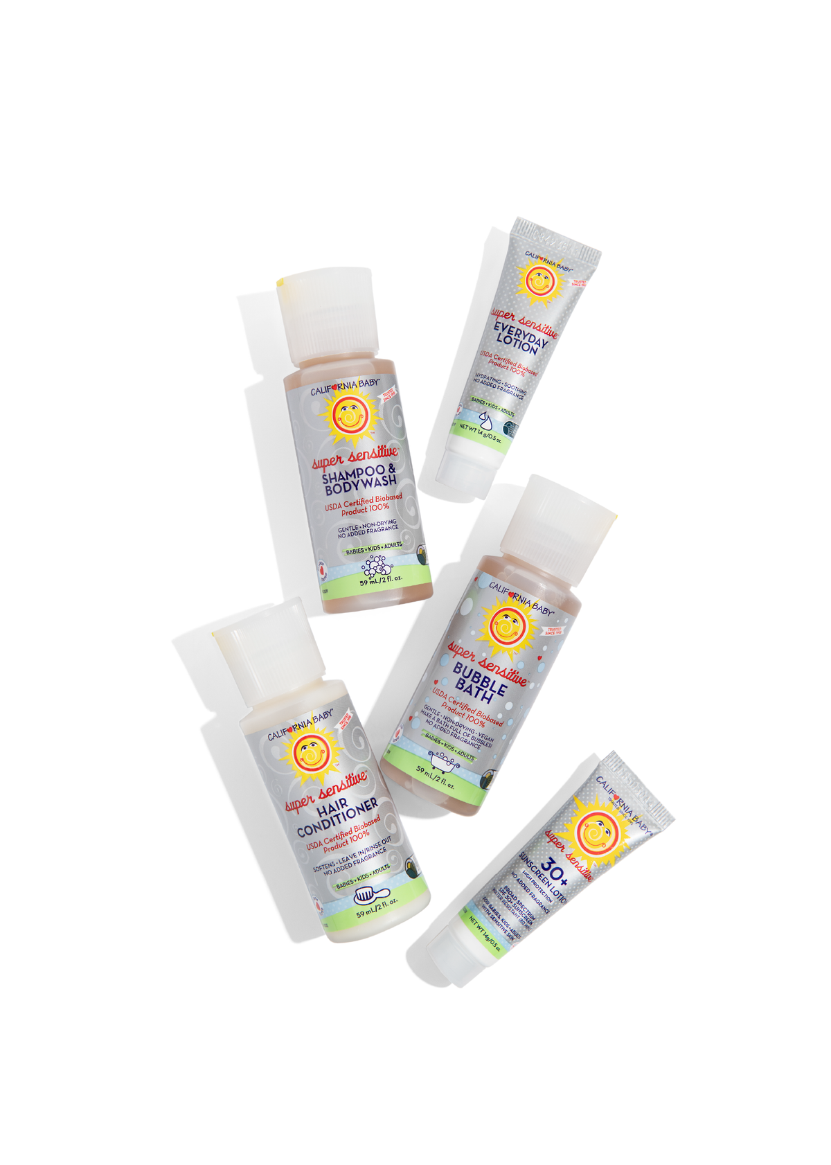 Fragrance-free essentials kit bottles and tubes shown in a diagonal arrangement