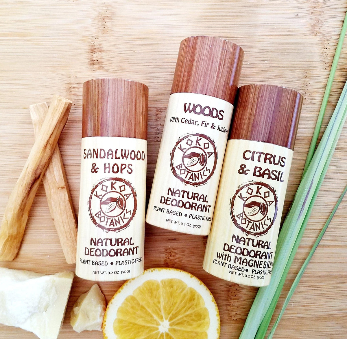 Natural deodorant stick pack with Sandalwood & Hops, Woods, Citrus & Basil