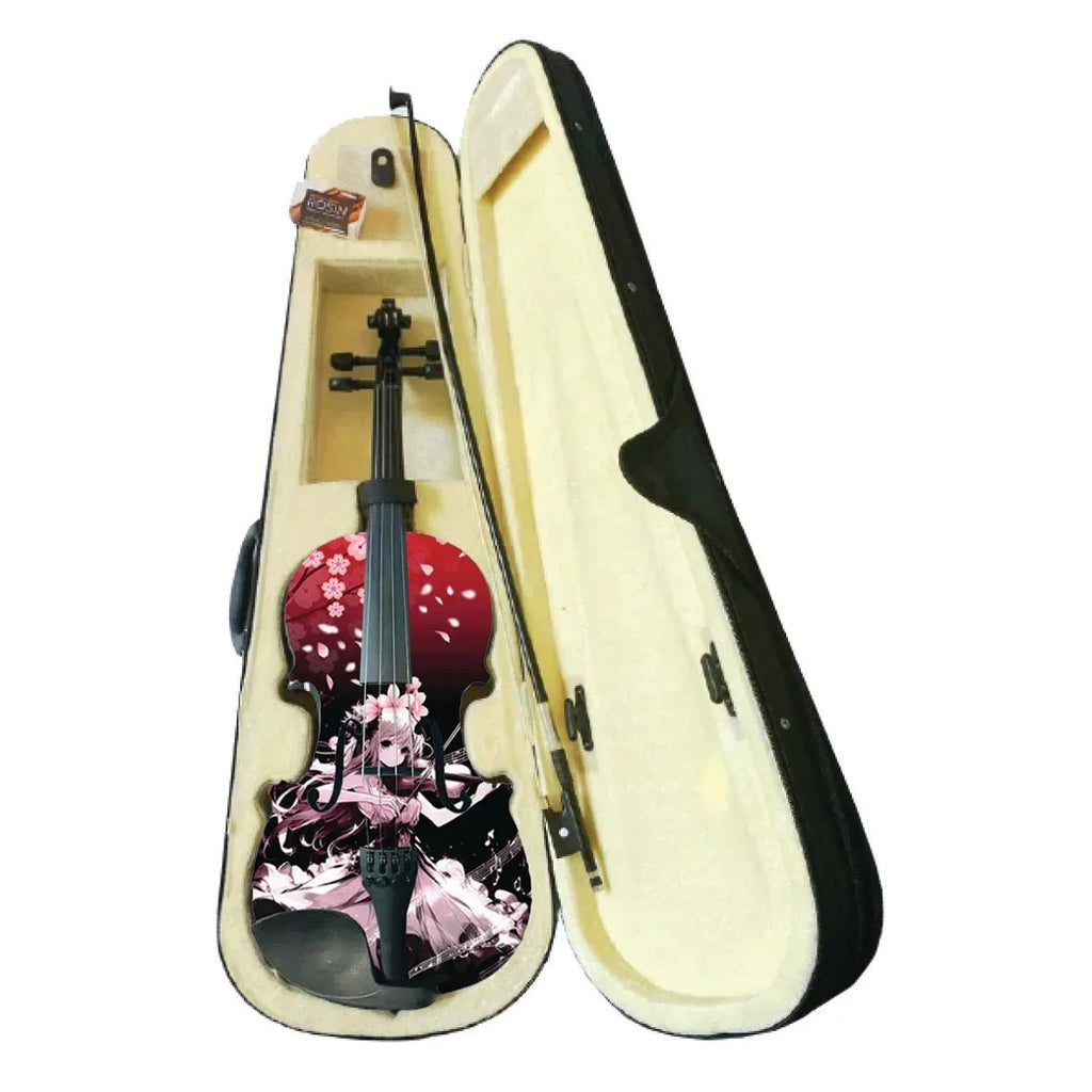 Cherry blossom decorative violin in beige hard case with black velvet interior
