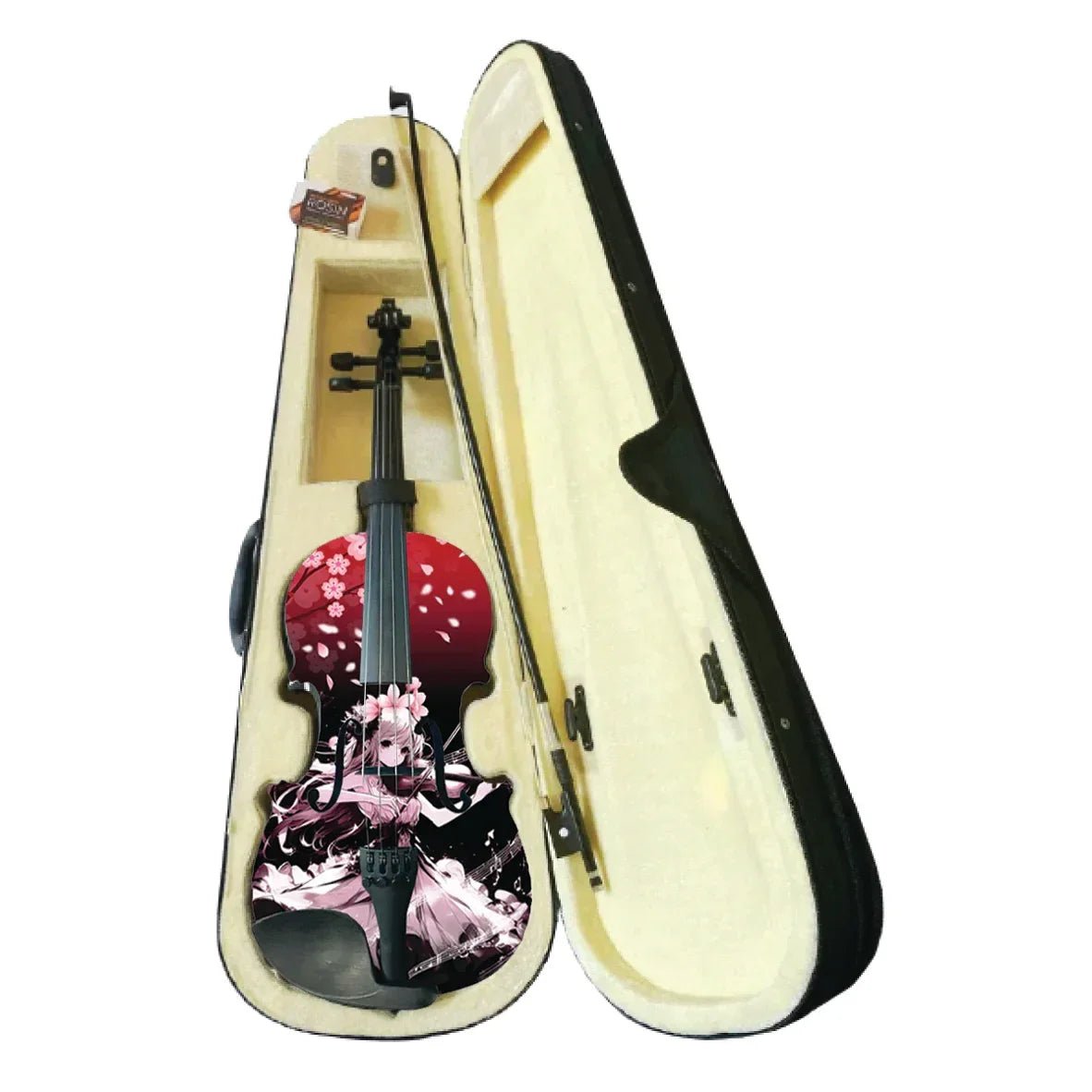 Cherry blossom decorative violin in beige hard case with black velvet interior