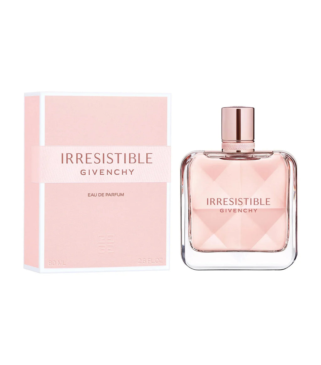 Eau de parfum set with pink glass bottle and matching Irresistible box
