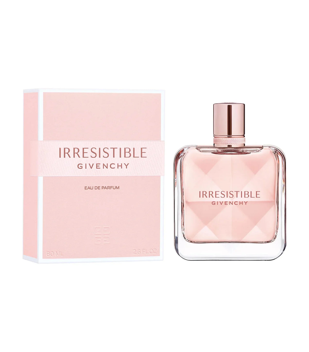 Eau de parfum set with pink glass bottle and matching Irresistible box
