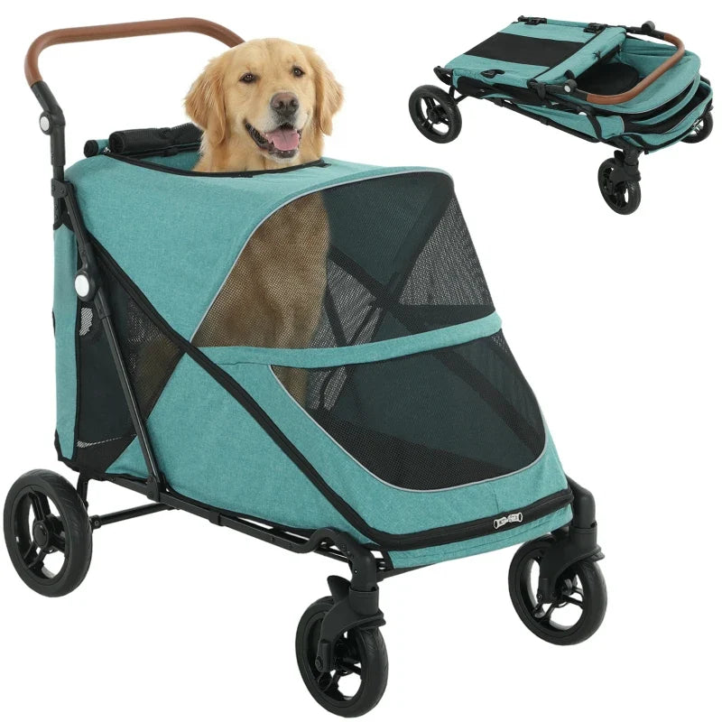 Teal dog stroller with mesh windows, front entry, and four swivel wheels