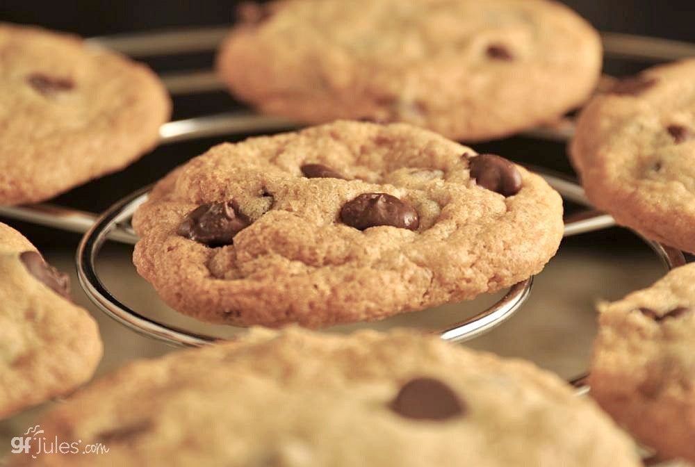Gluten-free chocolate chip cookies on a metal baking tray