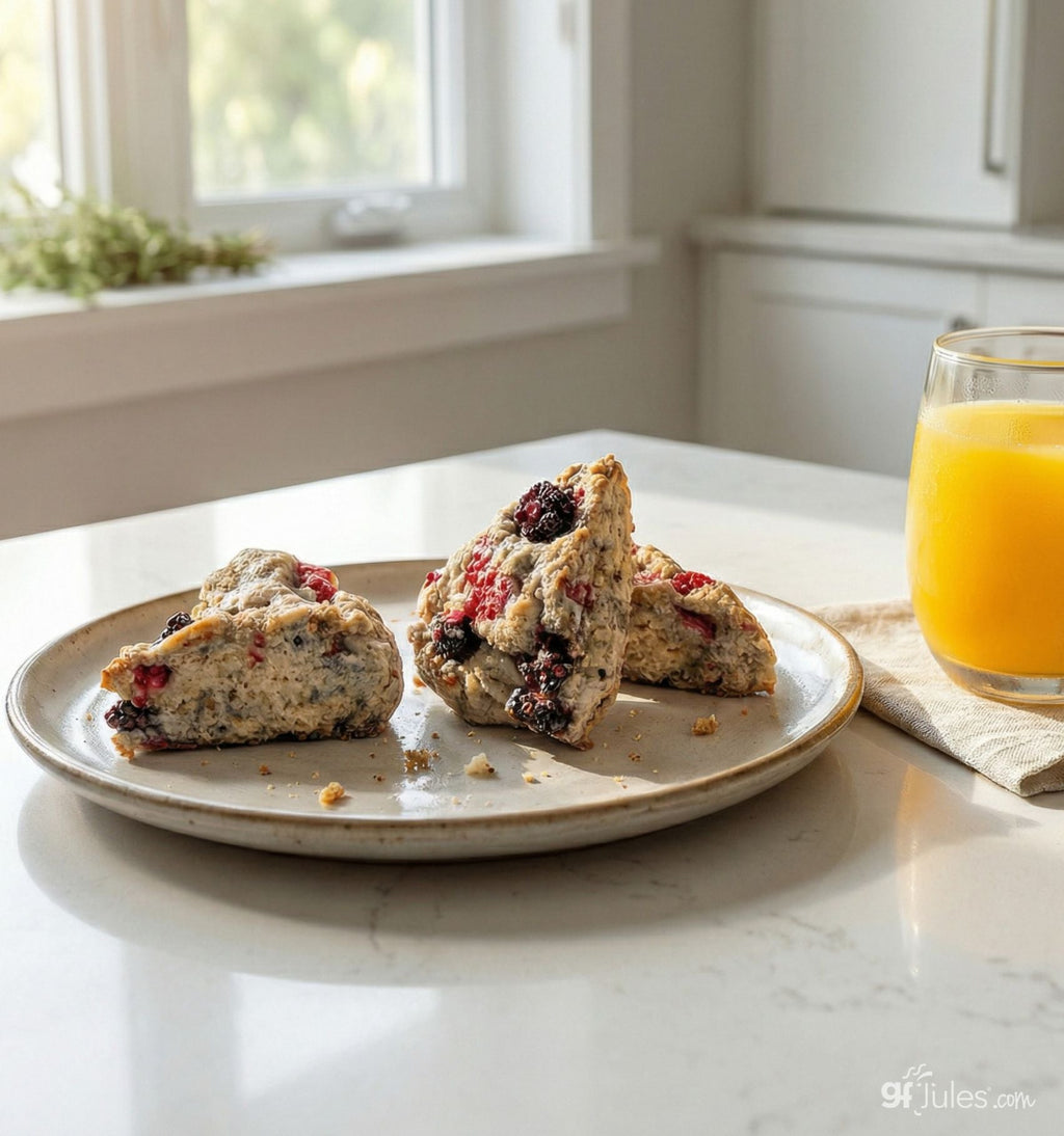 Two berry scones on a plate with a glass of orange juice nearby