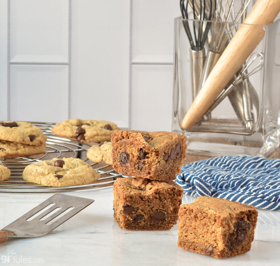 Gluten free cookie bars and cookies on a baking tray