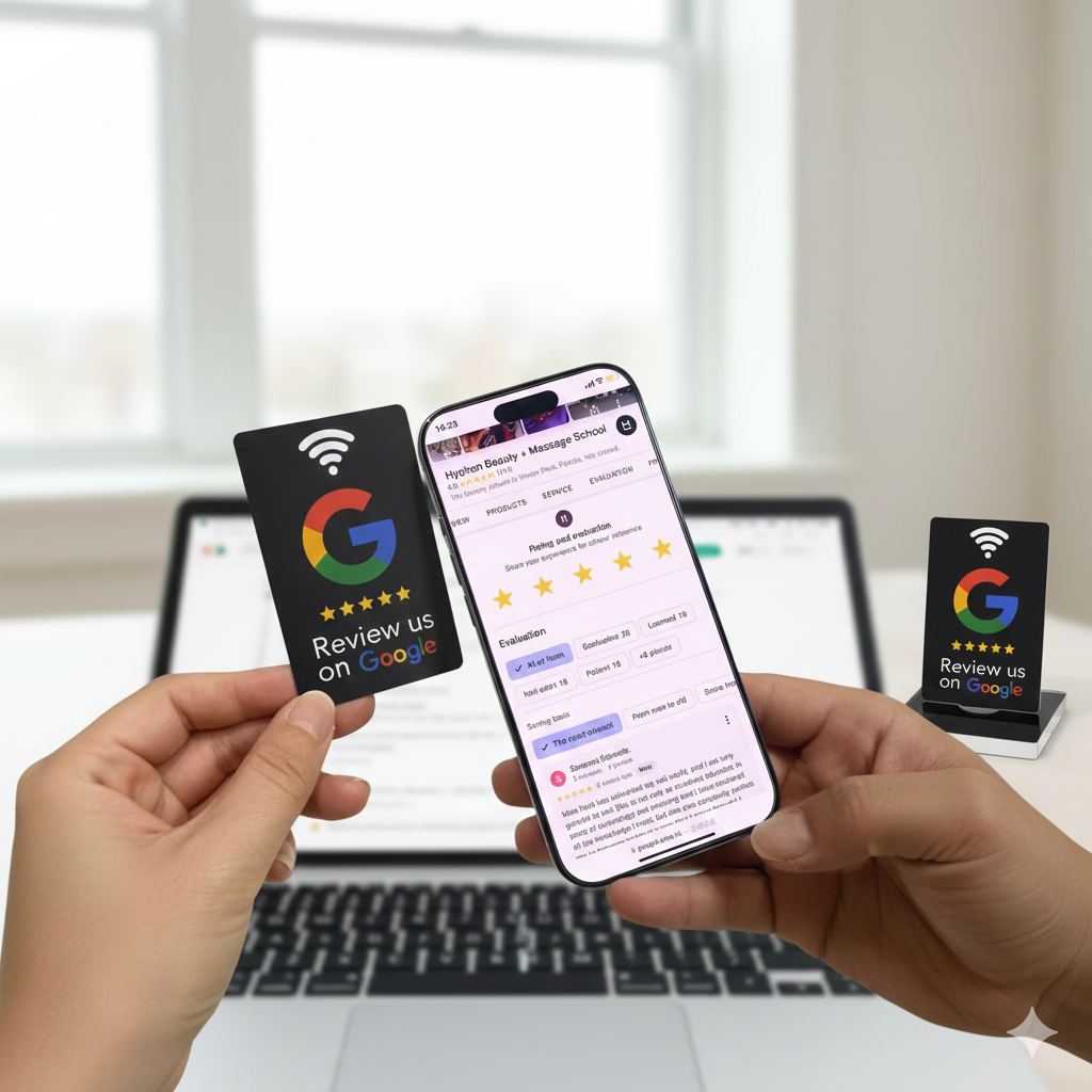 Hands holding NFC review cards with Google branding near a laptop