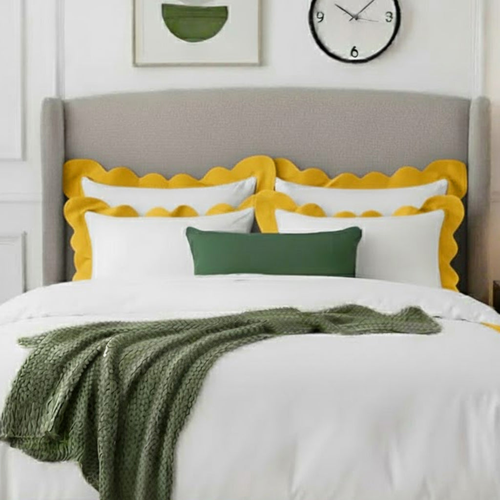 Cotton duvet cover set with white scalloped border and gold wavy applique embroidery