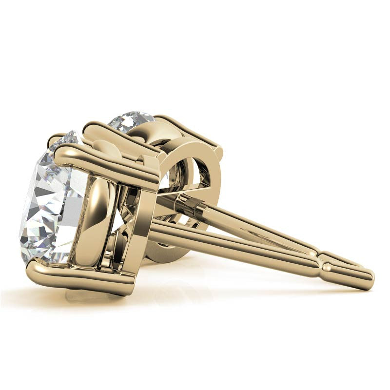 Round diamond stud earring with prong basket and straight post, yellow gold