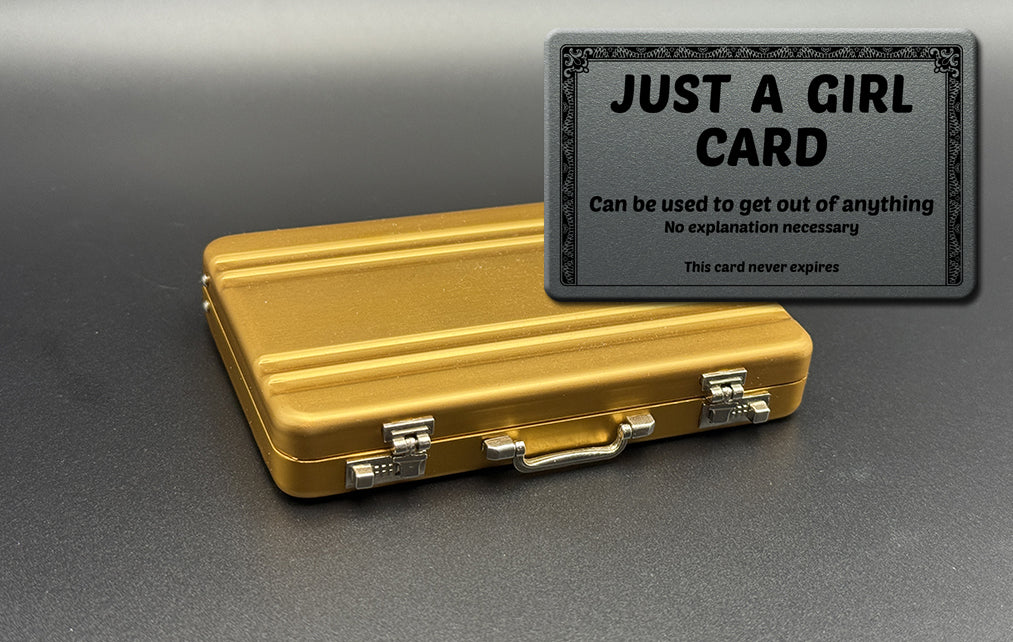 Mini briefcase, gold metal case with Just a Girl card overlay