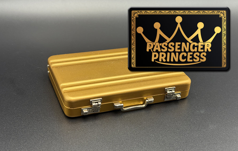 Mini briefcase, gold metal case with Passenger Princess card overlay
