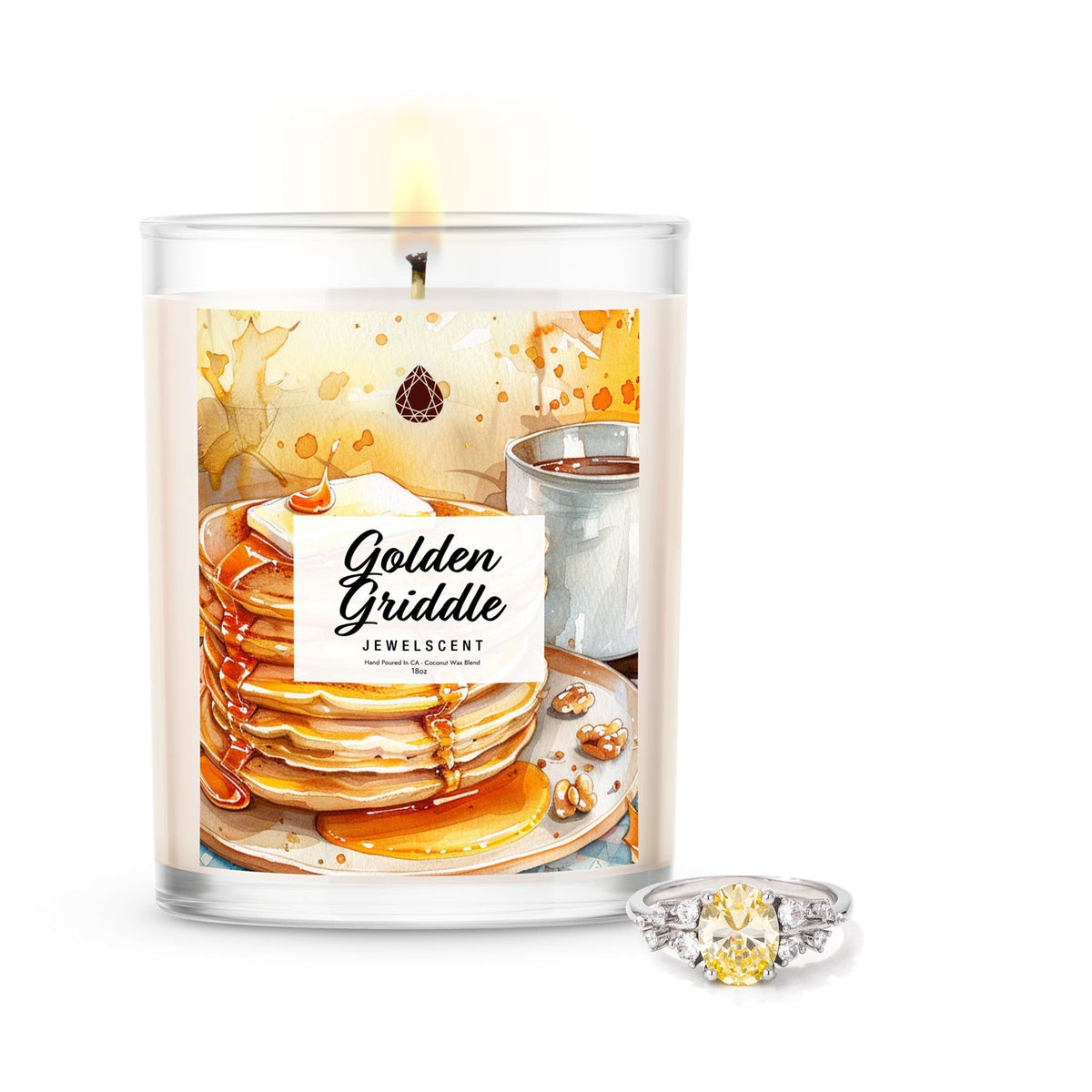 Golden Griddle jewelscent candle in glass jar with ring accessory