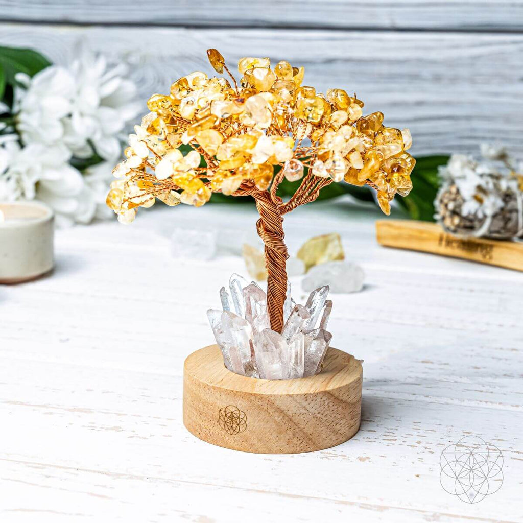 Citrine crystal tree lamp with golden branch canopy and clear quartz clusters on wood base