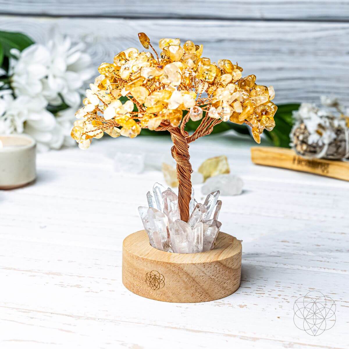 Citrine crystal tree lamp with golden branch canopy and clear quartz clusters on wood base