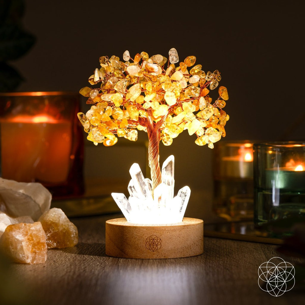 Citrine crystal tree lamp with golden branches, clear quartz clusters on round wooden base