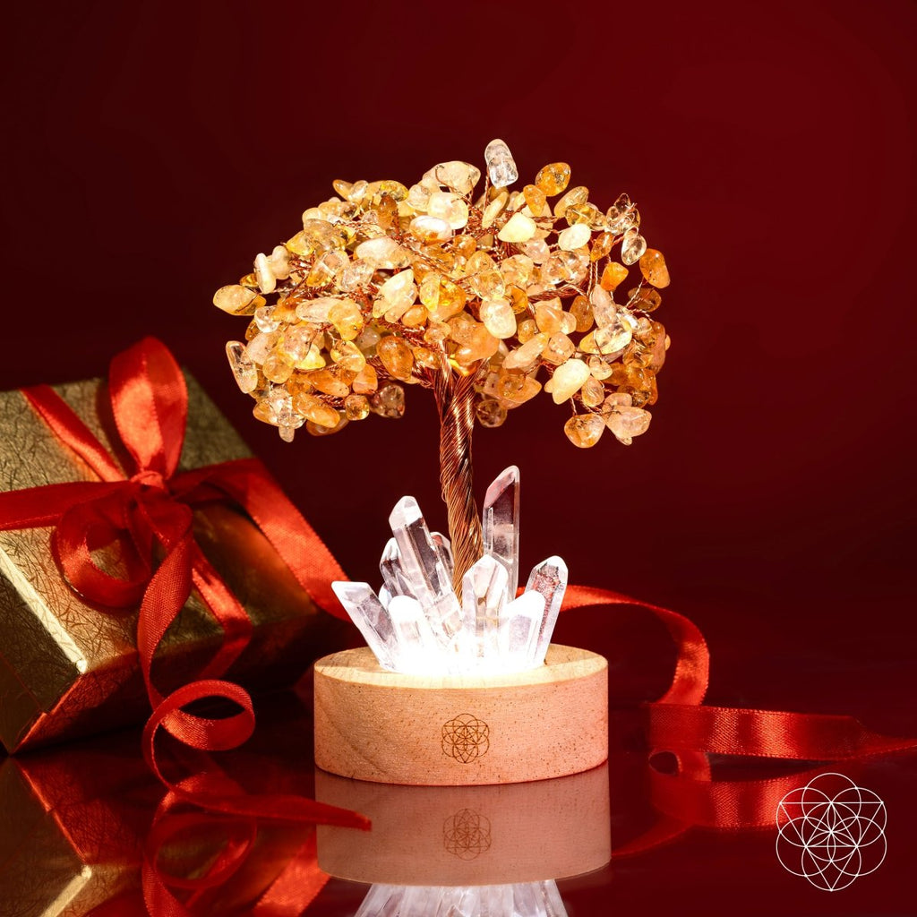 Citrine crystal tree lamp on round wood base with clear quartz crystal clusters