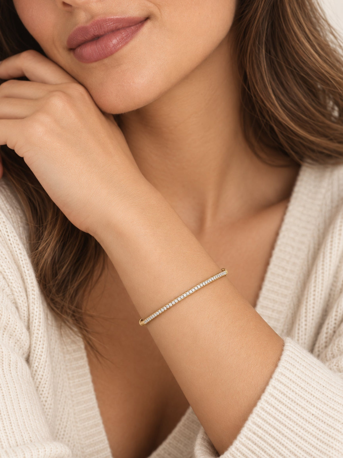 Gold-tone thin pave cuff bracelet with tight row of small round stones