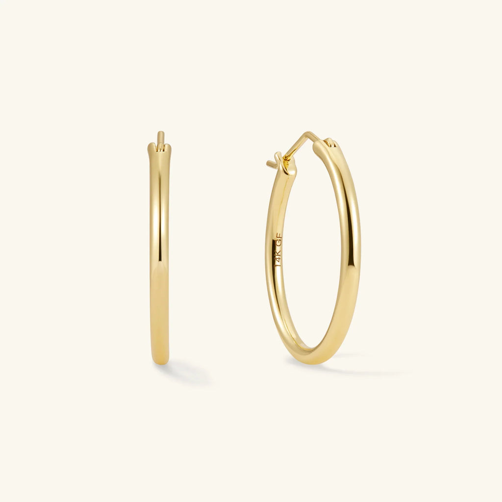 Gold hoop earrings pair, slim rounded hoops with clasp backs