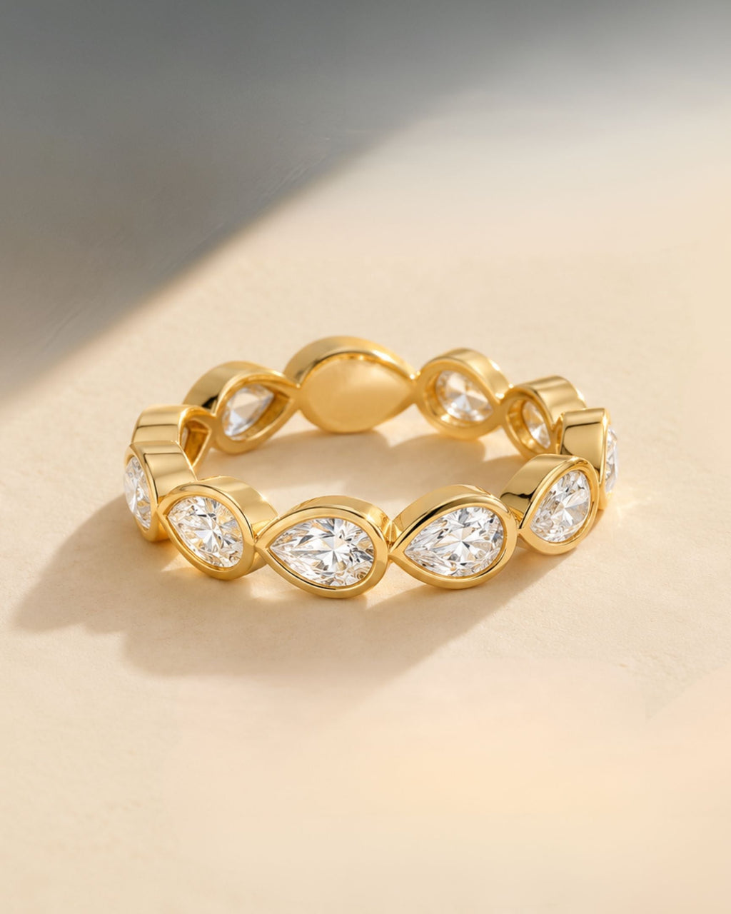 Gold eternity ring with marquise and round clear stones in repeating bezel settings