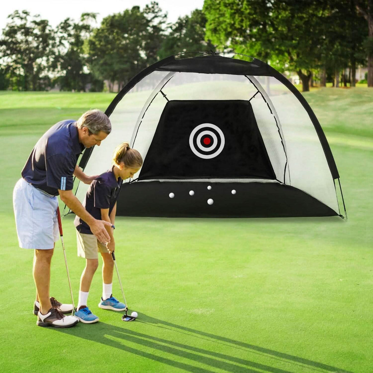 Portable golf training net with black hitting panel and red target bullseye