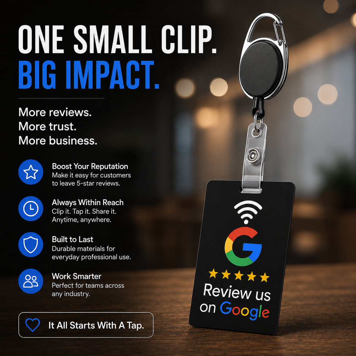 Retractable badge reel with carabiner and review card, shown on a belt loop