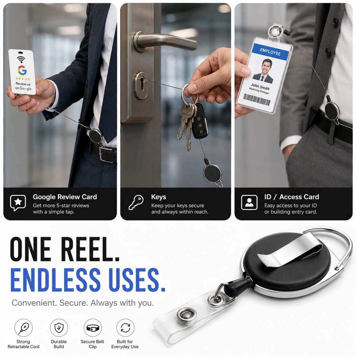 Retractable badge reel with carabiner used for badge, keys, and ID cards