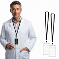 Black adjustable lanyard with clear badge holders and ID card for review events