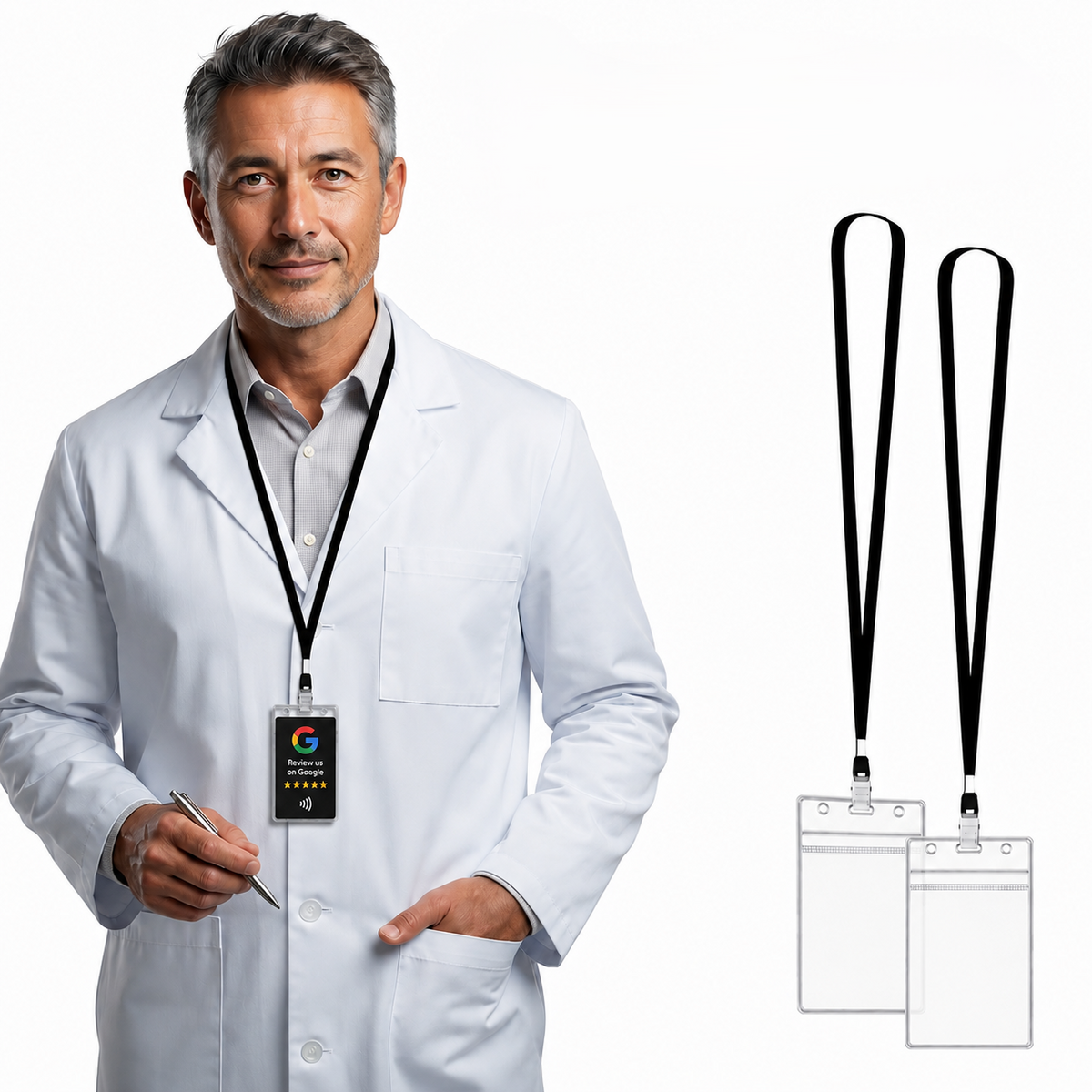 Black adjustable lanyard with clear badge holders and ID card for review events