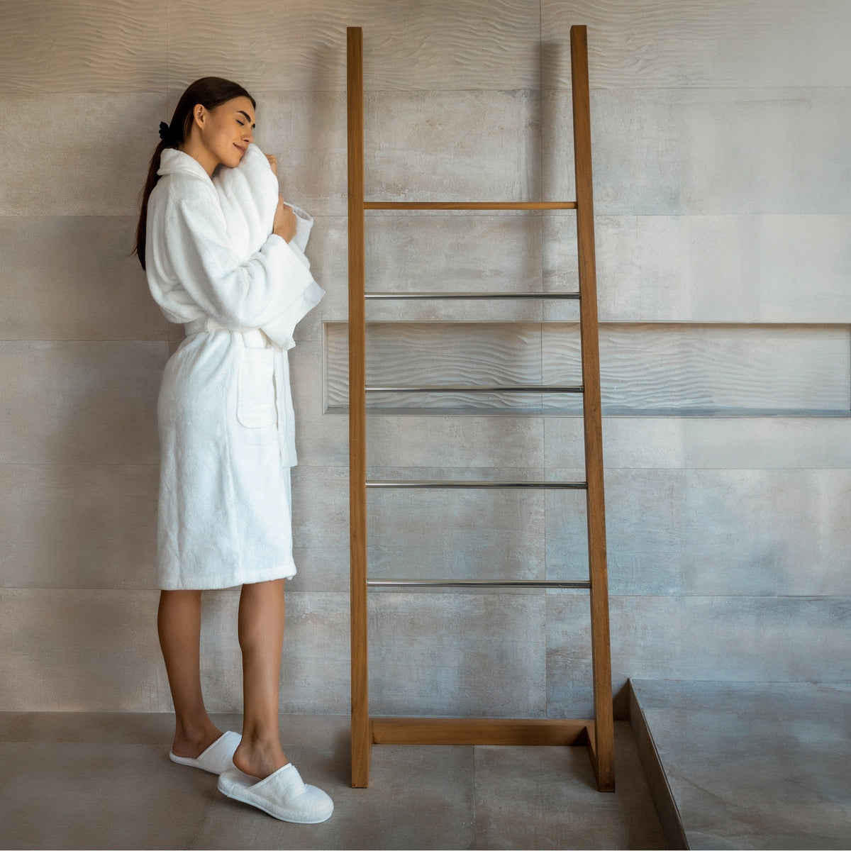 Light blue terry bathrobe with belt tie and long sleeves, full-length view