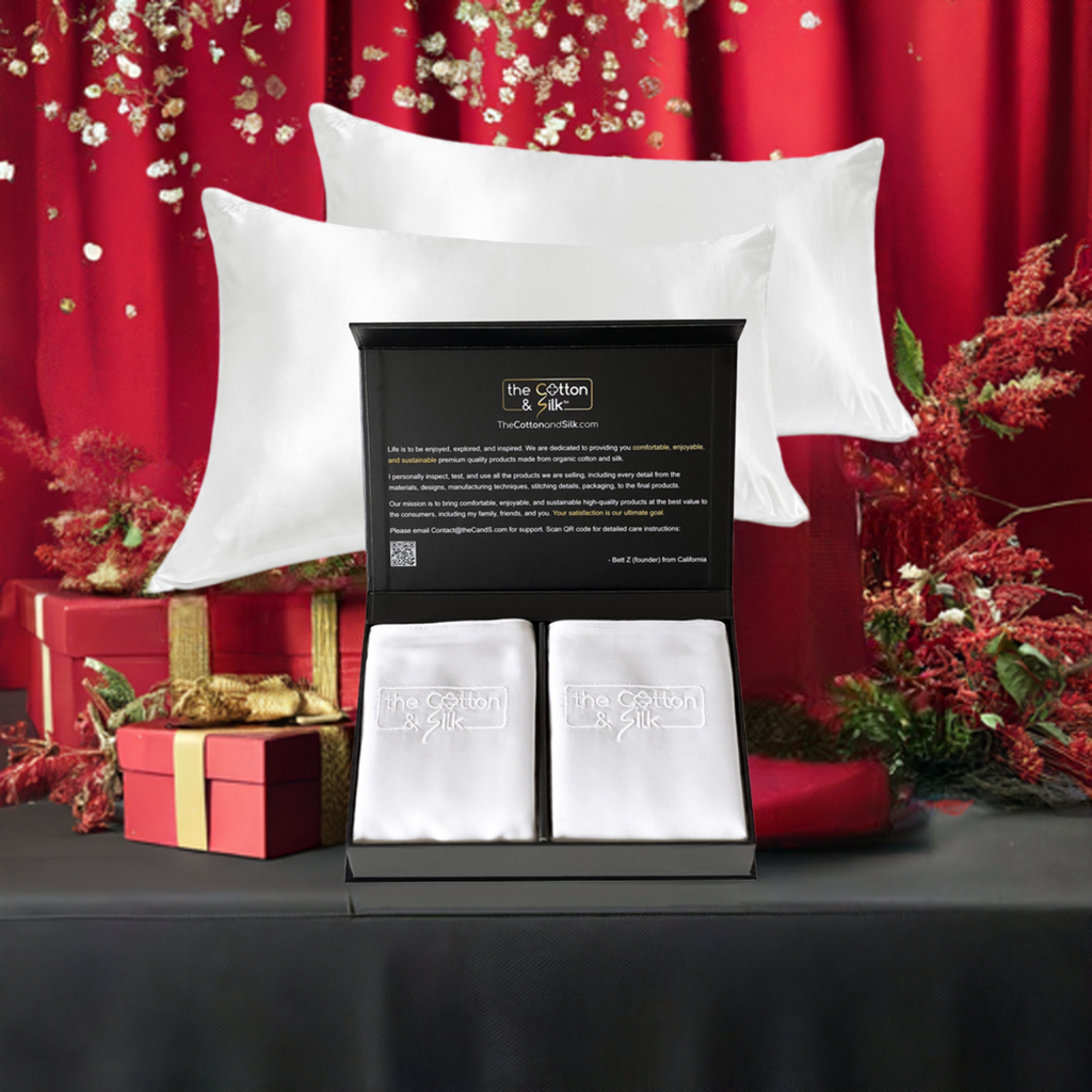 White mulberry silk pillowcase set of 2 with two folded cases in box on display