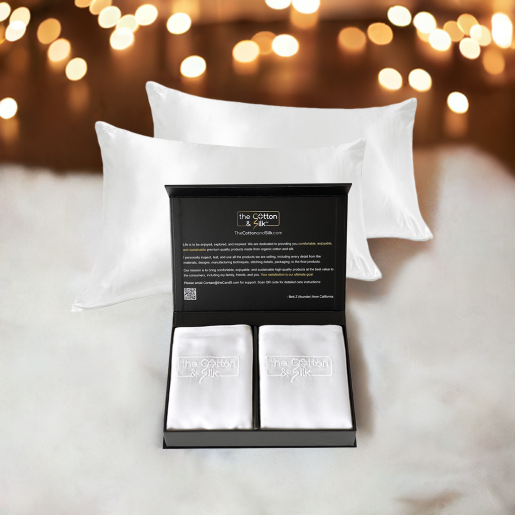 White mulberry silk pillowcase set of 2 with two folded cases and open gift box