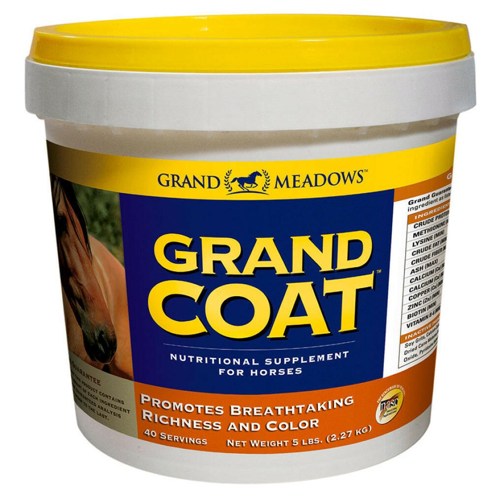 Grand Meadows Grand Coat nutritional supplement bucket, yellow lid, front label for horses