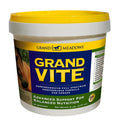 Grand Meadows Grand Vite for horses supplement tub with yellow lid and label