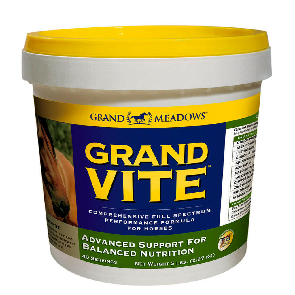 Grand Meadows Grand Vite for horses supplement tub with yellow lid and label