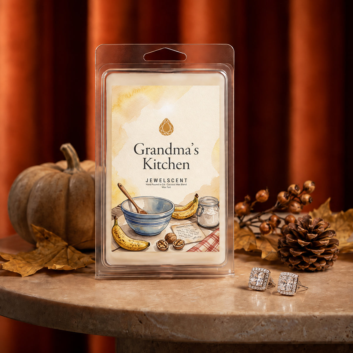 Mystery jewelry wax tart in clear blister pack with Grandma's Kitchen Jewelscent label