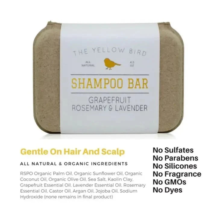 Shampoo bar with back label listing claims and ingredients, kraft paper sides