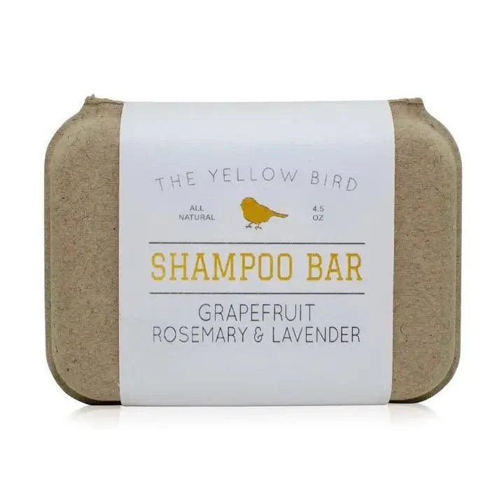 Shampoo bar with kraft paper sides and white label: Grapefruit Rosemary & Lavender