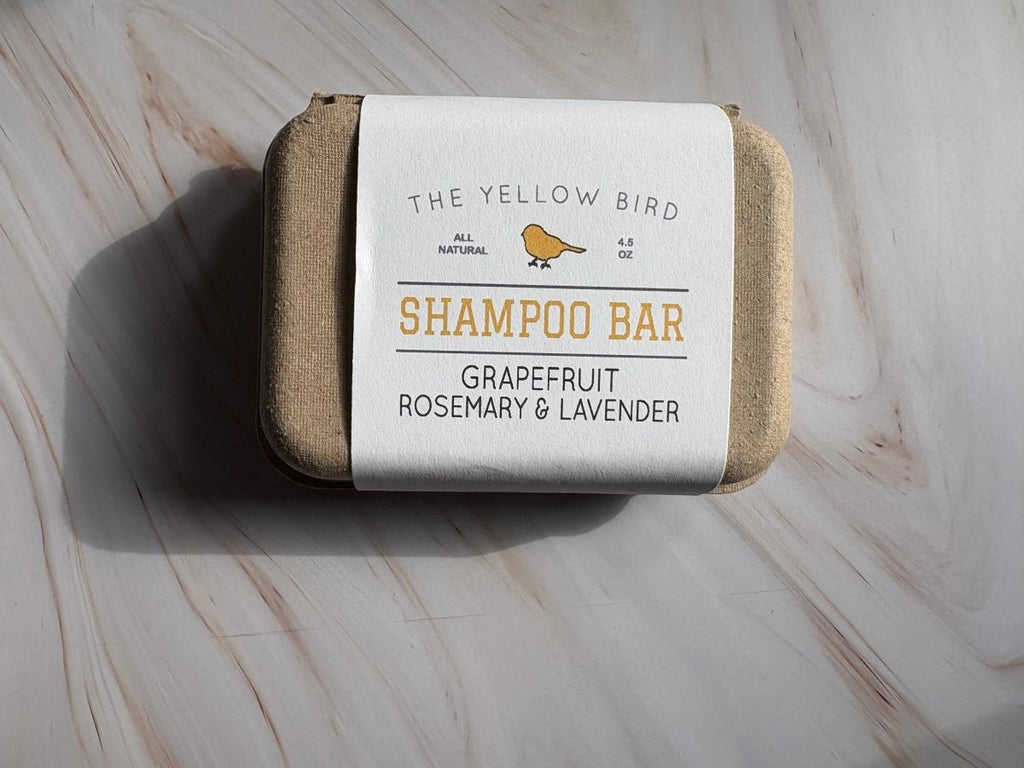 Shampoo bar package with white label, The Yellow Bird, Grapefruit Rosemary & Lavender
