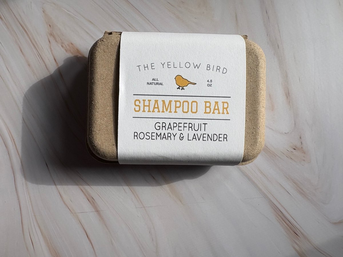 Shampoo bar package with white label, The Yellow Bird, Grapefruit Rosemary & Lavender