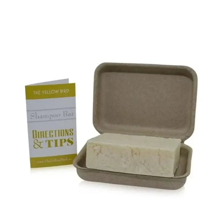 Opened shampoo bar case with soap bar inside and directions card, kraft tray