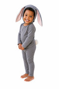 Grey bunny costume, gray hooded romper with pink-lined bunny ears