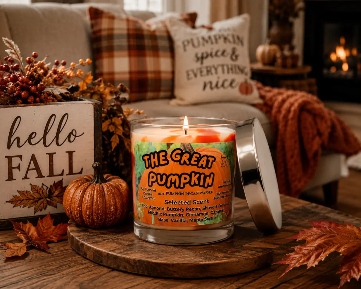 Marbled pumpkin candle in clear glass jar with metal lid, small flame