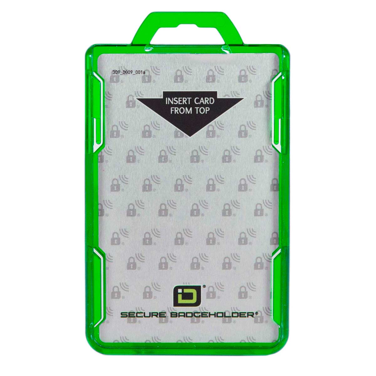Portrait secure badge holder with green frame, top-insert card slot for 1 ID card