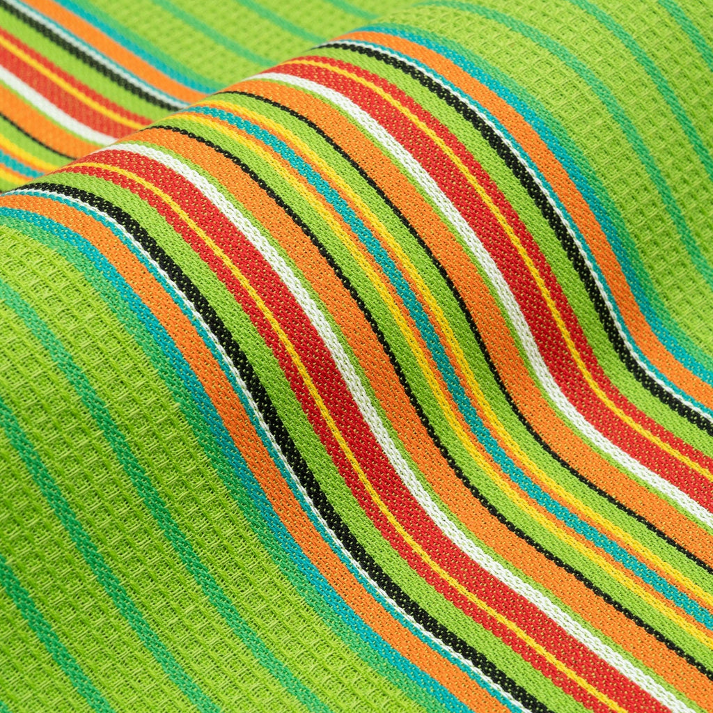 Close-up of green kitchen towel with multicolor striped weave