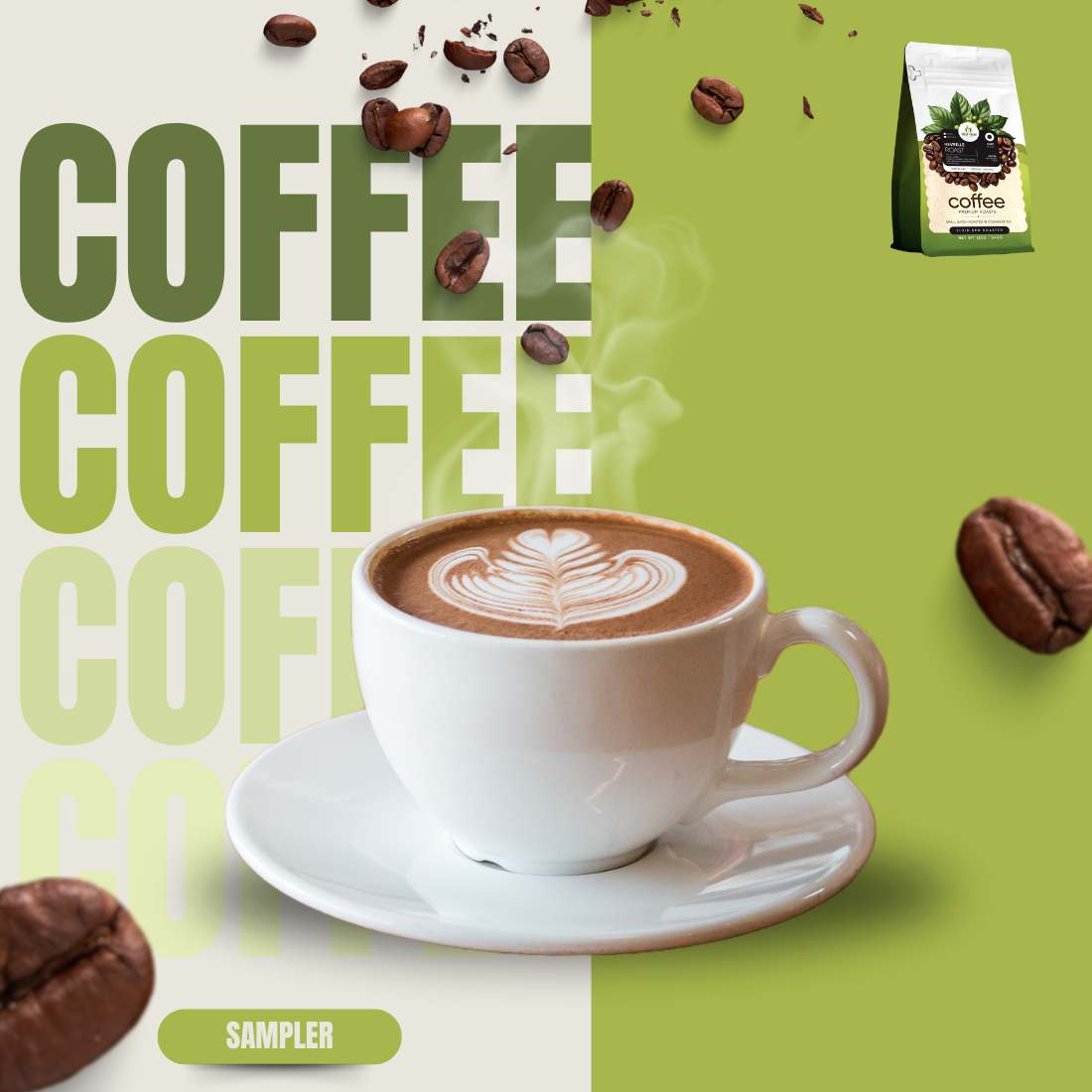 Coffee sampler pack with a coffee cup and a roast bag