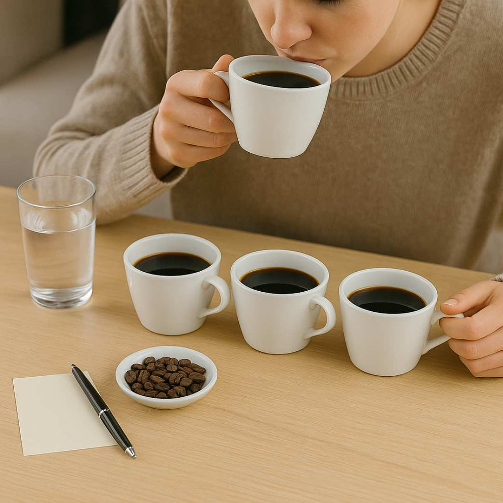 Coffee sampler served in three white cups with coffee beans