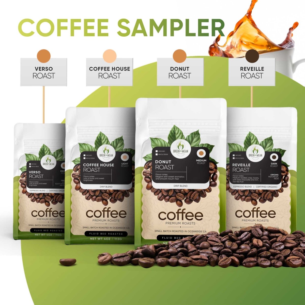 Coffee sampler pack with four roast bags, front view