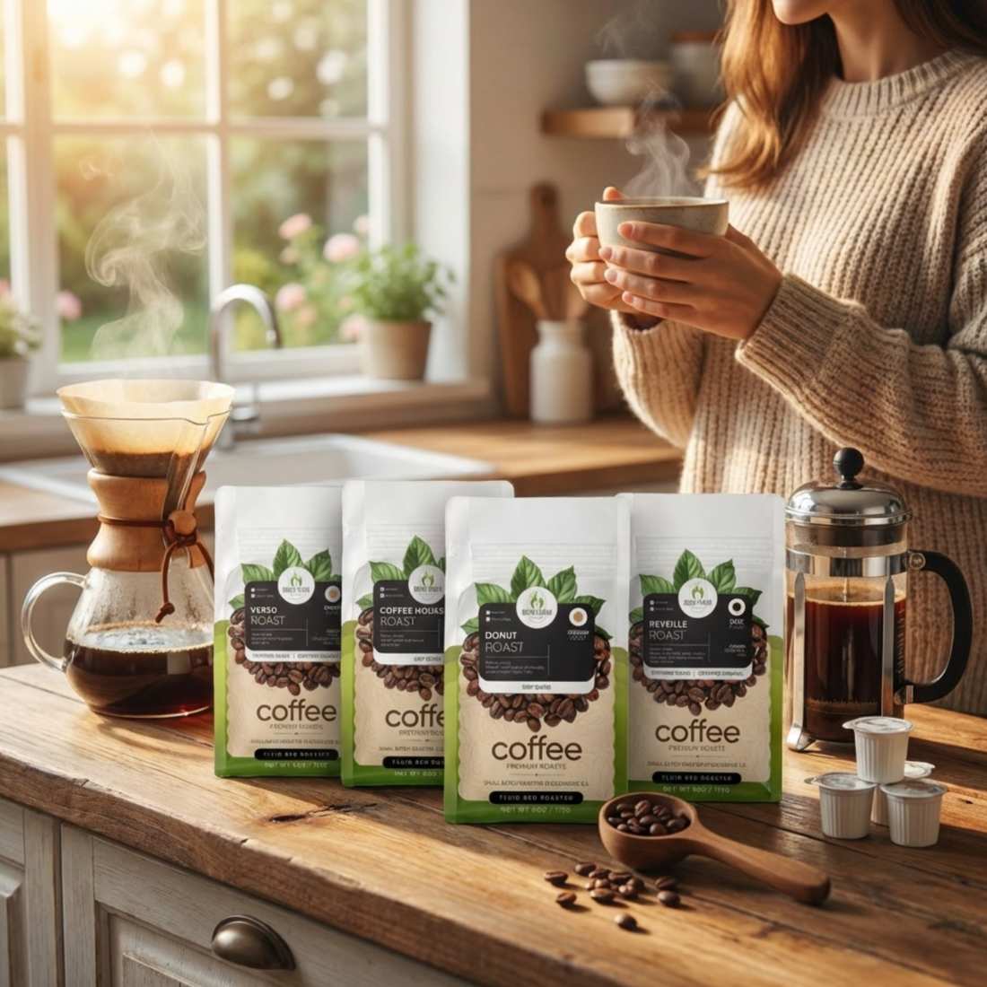 Coffee sampler pack with roast bags and cups on a wooden table