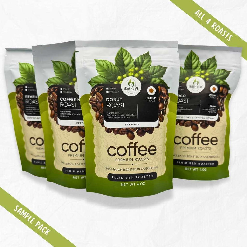 Coffee sampler pack of four green-labeled roast bags