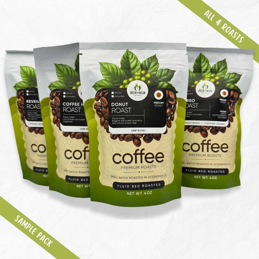Coffee sampler pack of four green-labeled roast bags